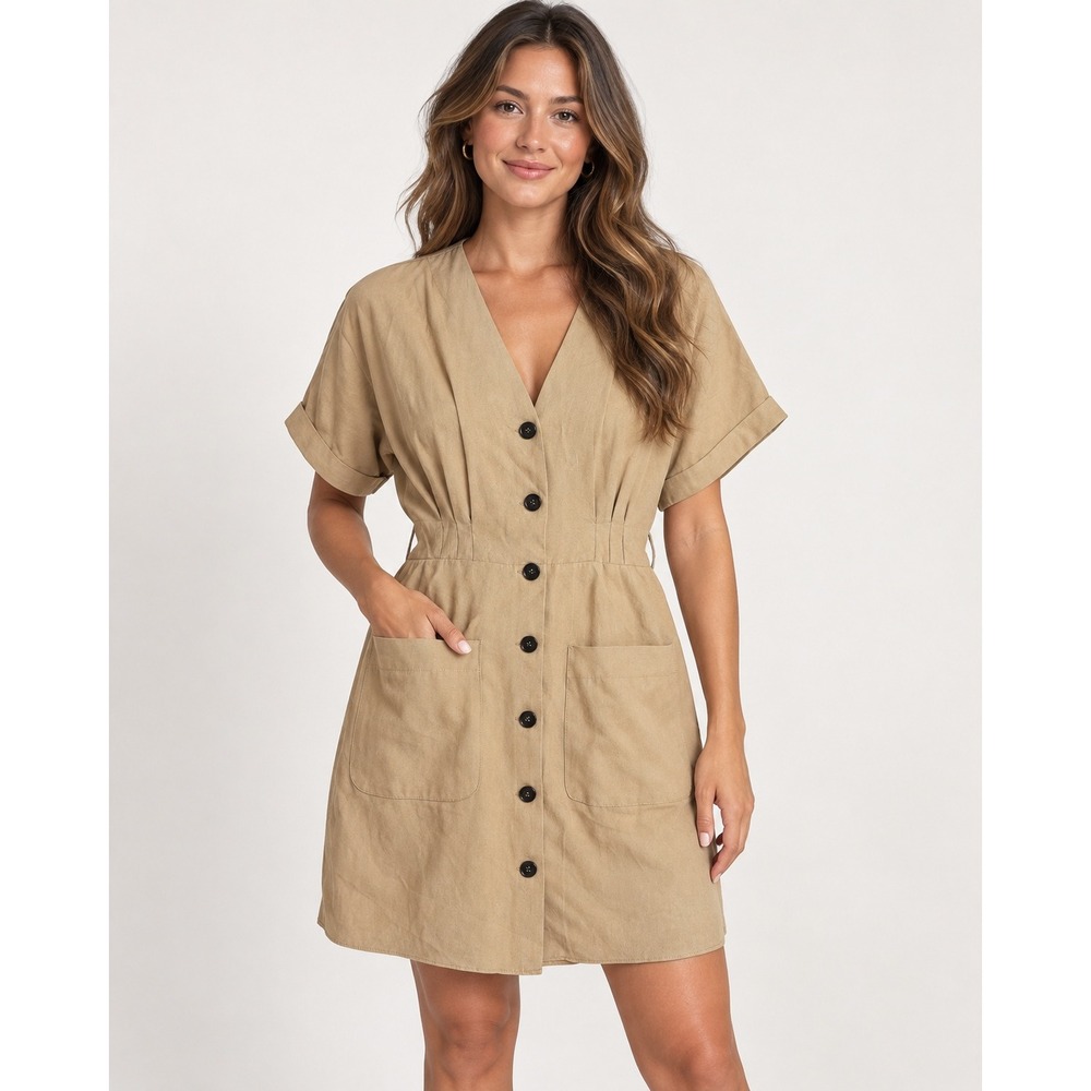 Zara Womens Lyocell Utility Shirt Dress L Beige Button Front Pockets Safari